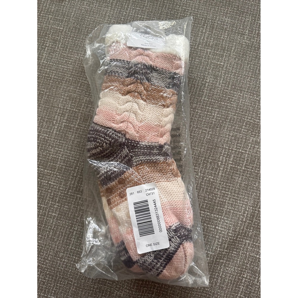 Maurices Teddy Socks Pink Multi Cable Knit Fleece Lined Non-Slip Slipper Socks